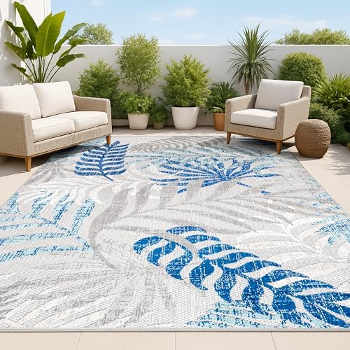JONATHAN Y Tropics Palm Leaves Indoor Outdoor Area Rug 3X5 Gray/Blue by JONATHANY