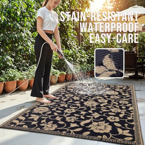 OLANLY Outdoor Rug 4x6 ft Waterproof Reversible Floral Mat, Black & Beige - Image 3