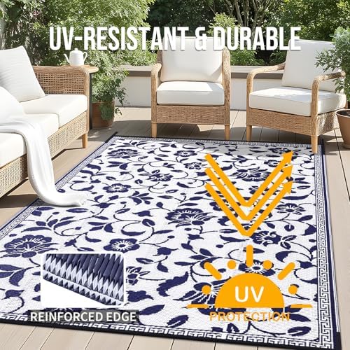 OLANLY Outdoor Rug 6x9 ft Waterproof Reversible Floral Mat, Navy & White - Image 4