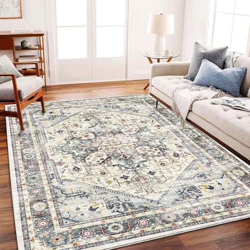 CHAMPLANT Washable Area Rug 10'x14' Cyan Khaki Retro Flowers Boho Design Non-Shedding Easy Care Ideal for High Traffic Areas in Living Room Bedroom Office Coffee Table Kitchen Large Carpet - Image 2