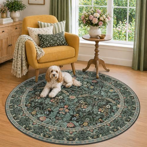 5ft Round Rug for Reading Corner Small Living Room, Soft Ultra Thin Non Slip Floral Circle Area Rug, Machine Washable Forest Green Carpet, Low Pile Floor Mat for Entryway, Home Office (Dark Green) by Evyhood