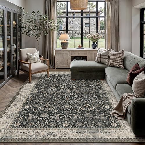 HUGEAR 8x10 Black Beige Vintage Floral Washable Area Rug for Living Room by HUGEAR