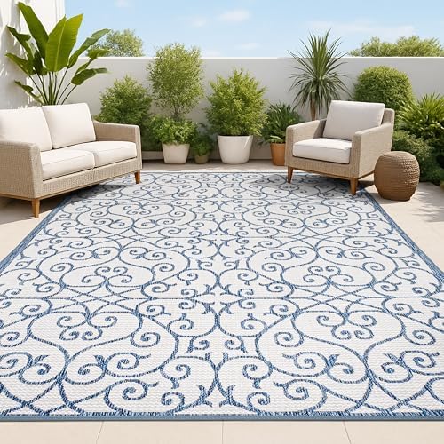 JONATHAN Y Vintage Filigree Indoor Outdoor Area Rug 3X5 Blue/Cream, Madrid Textured Weave for Backyard, Patio, Porch, Easy-Cleaning, High Traffic, Pet-Friendly, Non-Shedding (SMB107F-3) by JONATHANY