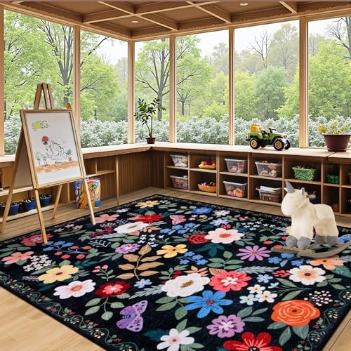 PLHXFR Area Rug Living Room: 5x7 Floral Washable Boho Soft Carpet Black - Image 5