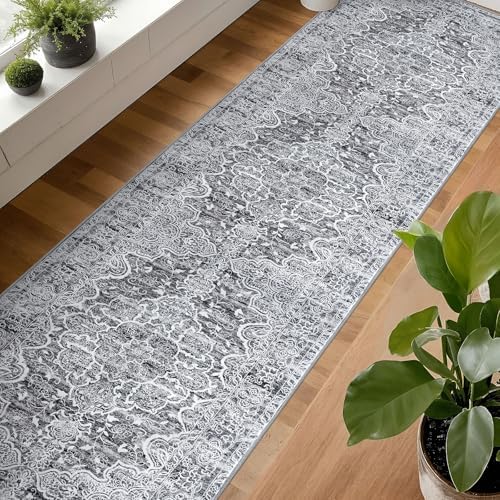 KUTA Long Runner Rug for Hallway 2.6x20ft Grey Blue White Vintage Washable - Image 4