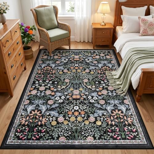 PLHXFR Area Rug Living Room: 3x5 Floral Washable Boho Carpet Dark Black - Image 2