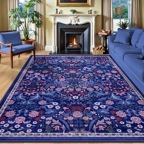 PLHXFR 8x10 Area Rug Living Room: Floral Washable Boho Soft Carpet Blue by PLHXFRSoftAreaRugs