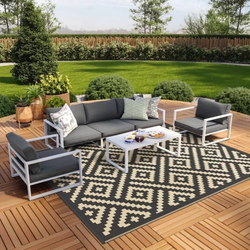 GENIMO Outdoor Rug, Waterproof Plastic Rugs for Patio, 8'x10' Black Beige by GENIMO