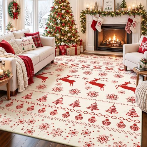 Christmas 5x7 Area Rugs for Living Room, Washable Rug Soft Non-Slip Low Pile Christmas Tree Elk Snowflake Carpet for Kitchen Bedroom Kids Nursery Holiday Throw Home Decor(Red/Cream Elk) by Yarooge