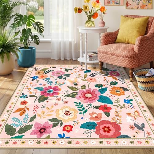 RELEANY Floral Washable Square 4ft Area Rug Pink - Image 6