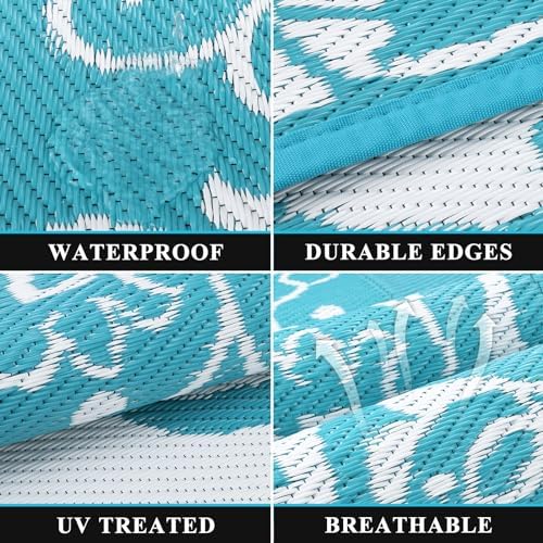 Pauwer Outdoor Rug 6x9, Waterproof Plastic Straw Camping Rug, Boho Teal - Image 3