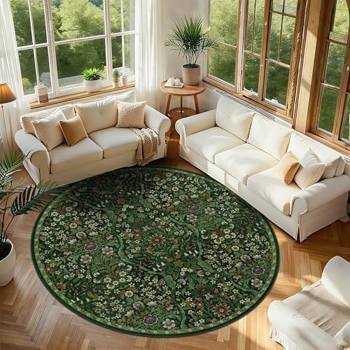 Round Rug 7ft Floral Circle Rug Green Botanical Indoor Area Rug by NakedCloud