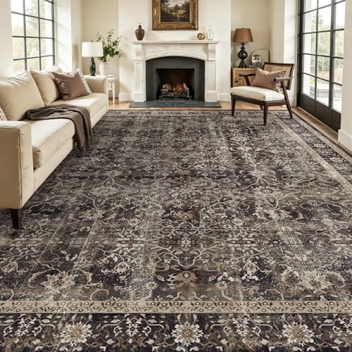 Washable Area Rug 10x14 Living Room, Vintage MCM, Black/Brown/Beige by Jainmy