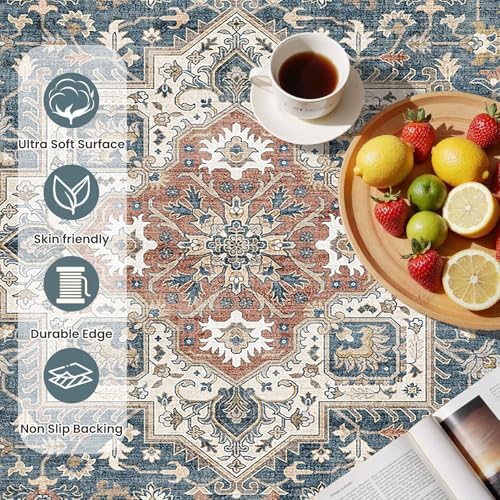cotiled 2x3 Area Rug for Living Room, Washable, Traditional, Vintage Blue - Image 6