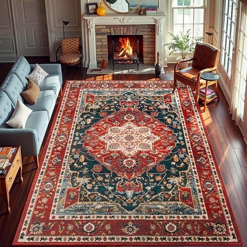 YJ.GWL Area Rugs for Living Room 6x9 Machine Washable Rugs, Non Slip Floral Vintage Rug Indoor Carpet, Stain Resistant Large Rug for Bedroom Dining Room, Orange-Red by YJGWLHomeDecor