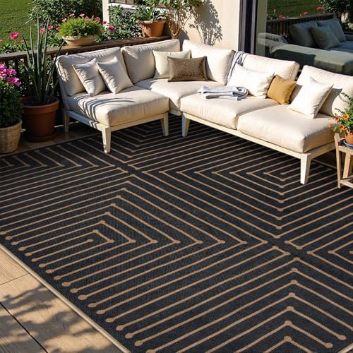 Lahome 8x10 Indoor Outdoor Rug, Black Easy Jute Farmhouse Geometric Rug by Lahome