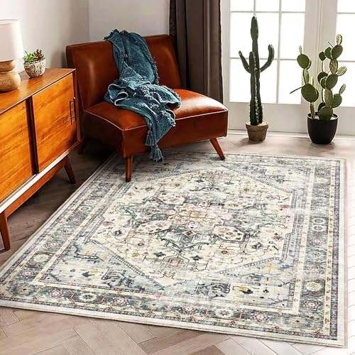 CHAMPLANT 3'x5' Cyan Khaki Vintage Washable Thin Area Rug Traditional Floor Cover Foldable Indoor Distressed Non Slip Carpet Floral Print Mat Bedroom Living Room Bathroom by CHAMPLANT