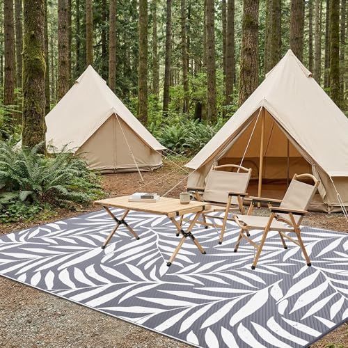 Smiry Outdoor Rug 8x10 ft Waterproof Reversible Leaf Mat, Grey & White - Image 7