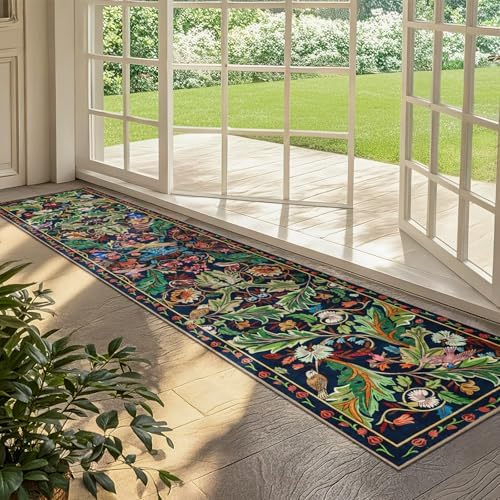 nesrt 2x10 Botanical Runners for Hallways Kitchen Rug Non Slip, Long Washable Boho Jungle Runner Rugs, Soft Floral Forest Birds Carpet Runner for Hall, Laundry, Bedroom, Bathroom (Dark Green) - Image 3