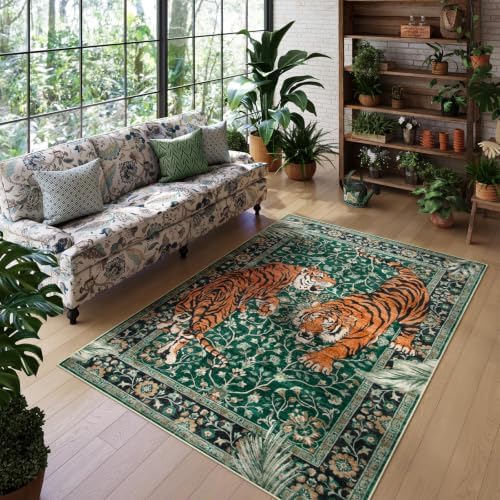 Moynesa Tiger 5x7 Area Rug, Boho Washable Living Room Rug, Non Slip Green Rugs for Bedroom, Ultra Thin Vintage Soft Stain Resistant Throw Floor Carpet for Office Dining Room - Image 6