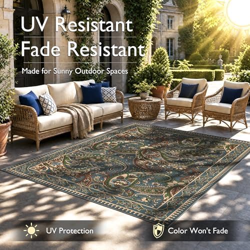 Arenarug Paisley Waterproof Outdoor Rug 5x8, UV Resistant, Sage&Blue - Image 2
