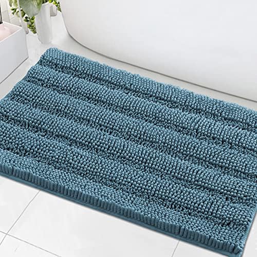 H.VERSAILTEX Bath Mats for Bathroom Non Slip Extra Thick Chenille Striped Bath Rug 24" x 36" Absorbent Non Skid Fluffy Soft Shaggy Rugs Washable Plush Mats for Indoor, Bath Room, Tub - Turquoise Blue by HVERSAILTEX