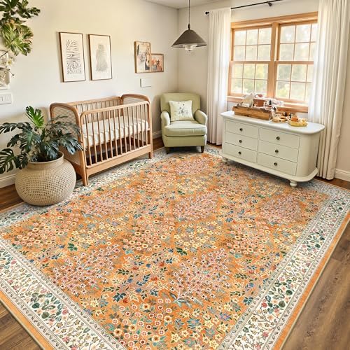 8x10 Area Rugs, Machine Washable Low Pile Floral Rugs for Living Room, Bedroom, Large Boho Area Rug with Non-Slip Backing for Dining Room(Orange Floral) - Image 5