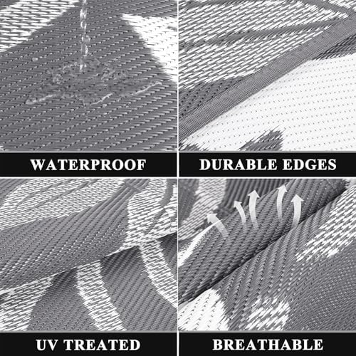 Pauwer Waterproof Outdoor Rug 8x10, Plastic Straw Patio Rug, Floral Grey - Image 3