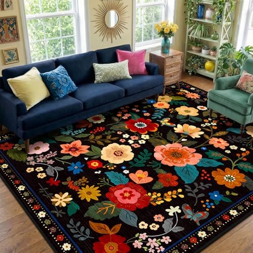 RELEANY Floral Washable 8x10 Area Rugs Black by RELEANY