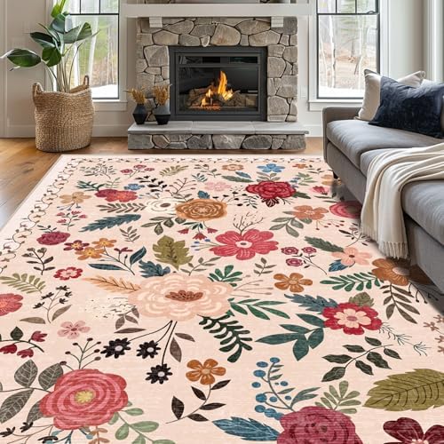 8x10 Washable Area Rugs for Living Room Soft Carpet (Beige Red) by Unknown