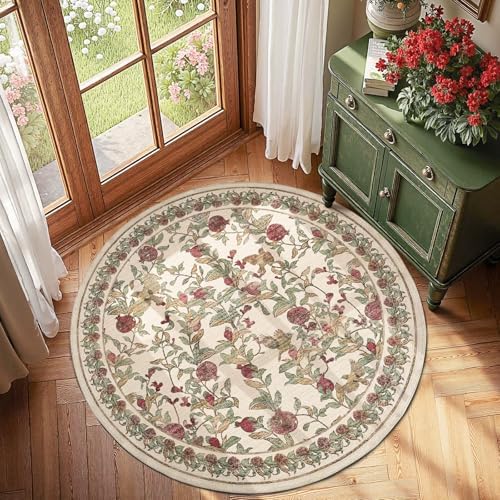 jinchan 5ft Round Rug Floral Vintage Washable Area Rug, Red/Green by JINCHAN