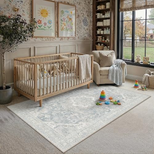 PureCozy Blue Area Rug 3x5 Entryway Vintage Floral Non-Slip Carpet - Image 2