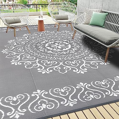 Pauwer Outdoor Rug 8x10, Waterproof Plastic Straw Camping Rug, Floral Grey by Pauwer