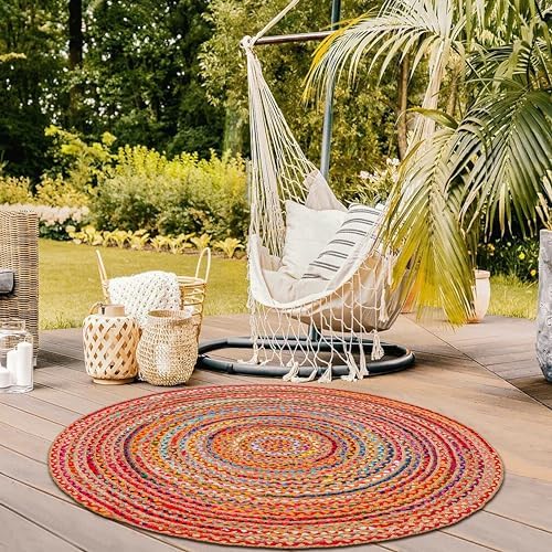 Hausattire Jute Cotton Braided Woven Area Rug 5 Feet Round - Multi Color by Hausattire
