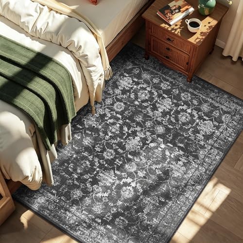 4x5 Washable Bedroom Area Rug Non-Slip Vintage Black Throw Carpet - Image 2