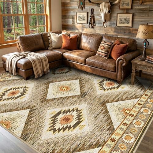 BESTSWEETIE Area Rug 9x12 Machine Washable Non-Slip Low Pile Print Pattern Western Rug for Living Room Bedroom Entryway Tribal Series - Cream/Camel - Image 2