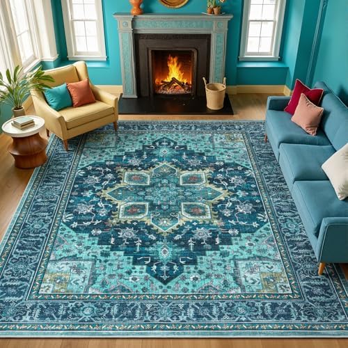9x12 Turquoise Large Area Rugs for Living Room, Boho Washable Rug - Image 2