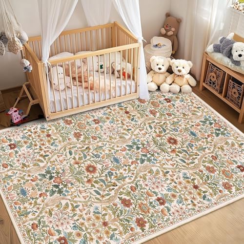 Floral Area Rug 5x8 Washable Botanical Carpet for Living Room - Image 4