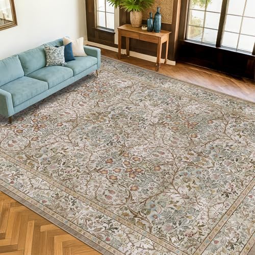 Hazo Haus Vintage Moss Green Living Room Rug, 7x10 Washable Large Area Rugs for Bedroom, Dining Room Rugs Under Kitchen Table, Oriental Taupe Low Pile Stain Resistant Non-Slip by HazoHaus