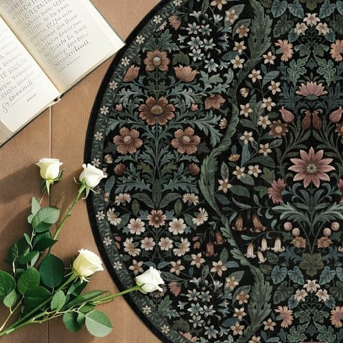 Round Rug 5ft Floral Circle Rug Black Botanical Indoor Area Rugs - Image 4