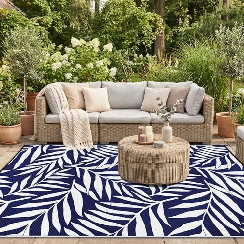 Smiry Outdoor Rug 9x12 ft Waterproof Reversible Leaf Mat, Navy & White - Image 5