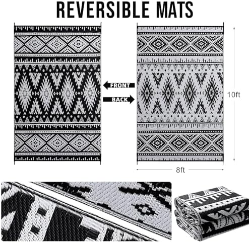 OLANLY Outdoor Rug 8x10 ft Waterproof Reversible Boho Mat, Black & White - Image 2