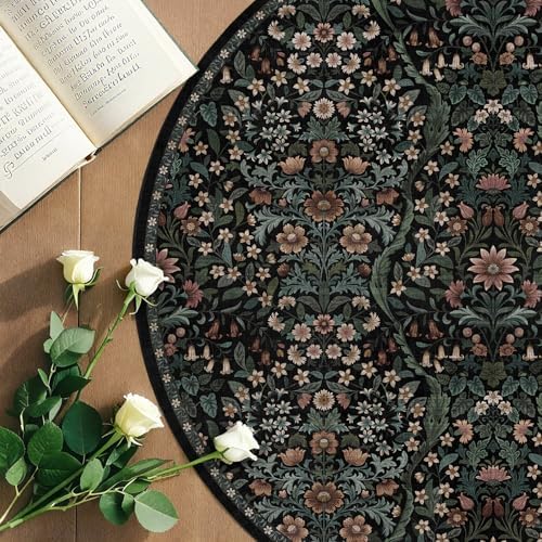 Round Rug 7ft Floral Circle Rug Black Botanical Indoor Area Rugs - Image 4
