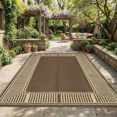 GAOMON Large Outdoor Camping Rug 9x18 Modern Bordered Reversible Outdoor Carpet Foldable Retro Plastic Straw Rug Portable Outside Patio Rugs Floor Mat for Porch, Beach, Balcony, Backyard,Border-Brown by GaoMon