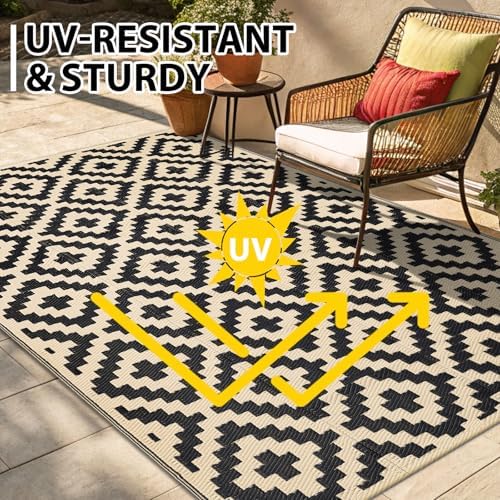 Smiry Outdoor Rug 10x14 ft Waterproof Reversible Boho Mat, Black & Beige - Image 5