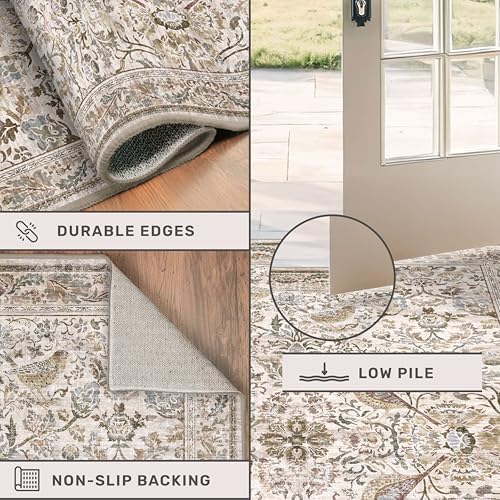 Vintage Washable 4x6 Area Rug for Bedroom Beside, Entryway, Mudroom, Kitchen, Living Room, Low Pile Non Slip, Oriental Stain Resistant Carpet with Moss Green Bird Pattern - Image 5