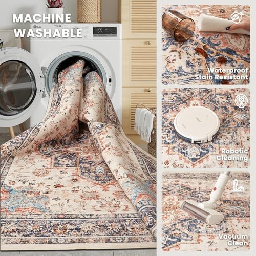 6x9 Beige Blue Orange Washable Area Rug for Living Room, Vintage Print - Image 5