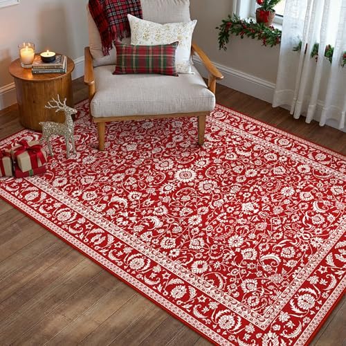HUGEAR 3x5 Christmas Red Floral Washable Area Rug for Entryway - Image 3