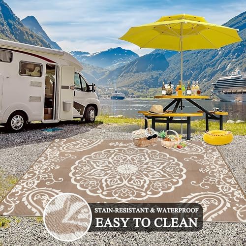 Pauwer Outdoor Rug 8x10, Waterproof Plastic Straw Camping Rug, Boho Brown - Image 5
