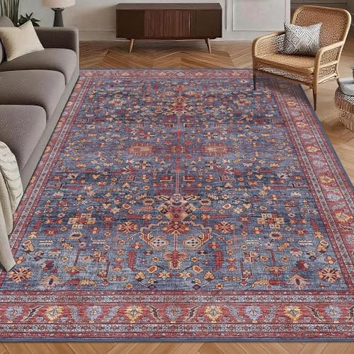 Washable Area Rug 9' x 12' Vintage Traditional Persian Mat - Foldable Distressed Non-Slip Machine Washable Carpet for Living Room Bedroom Kitchen Home Decor - Indigo and Crimson by Unknown
